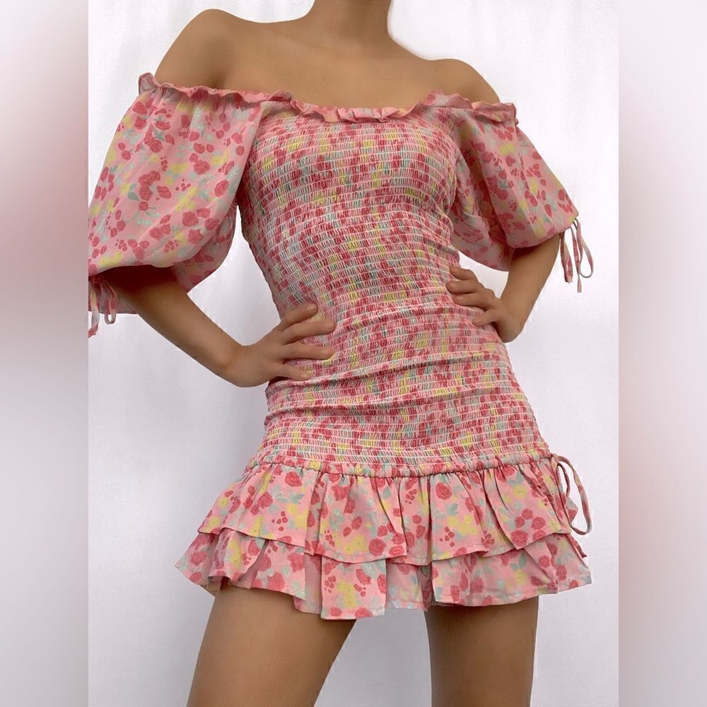 ⭕️ 70/21 Mini Dress Floral Smocked Bodycon Small Pink